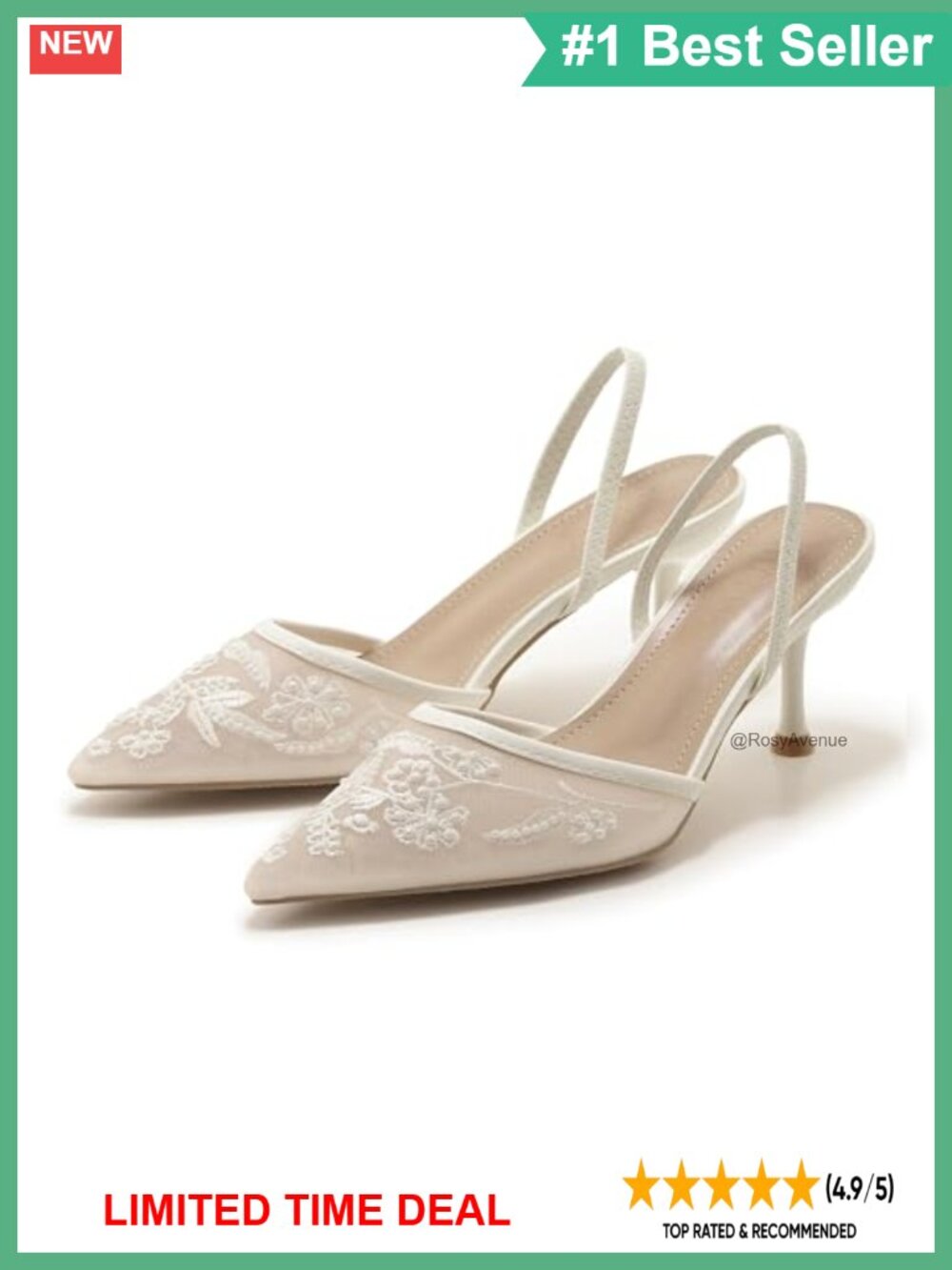 Pearl Embroidered Mesh Slingback Kitten Heel Pump Pointed Toe Women's Heels